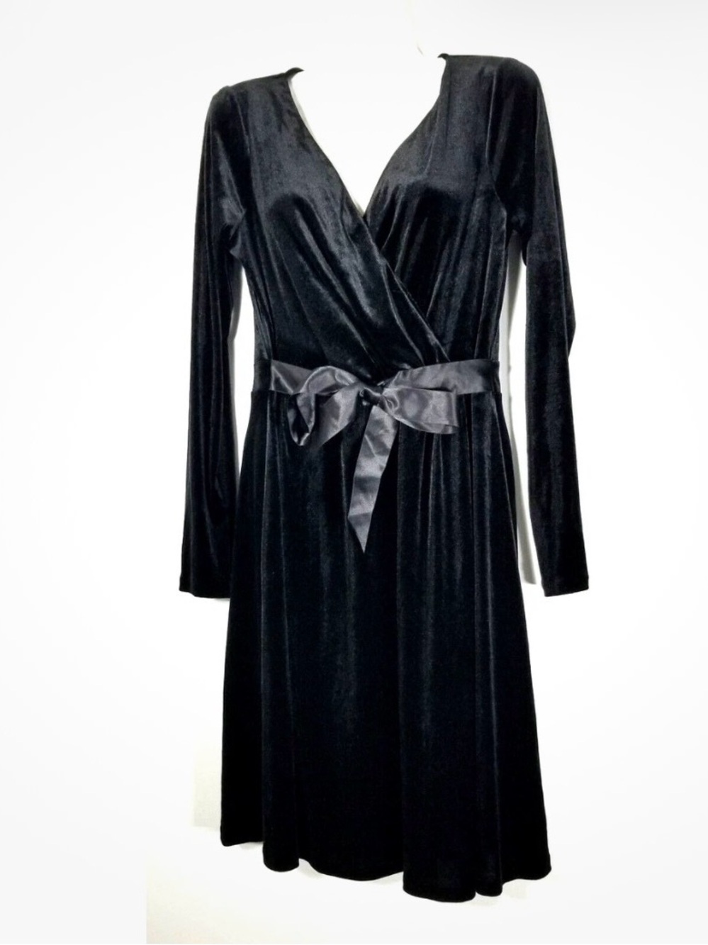 Anne Klein Black Velvet Wrap Dress with Satin Waist Tie